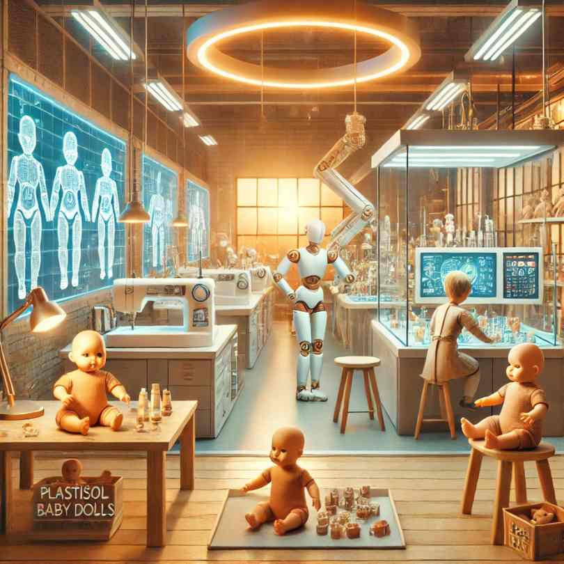 fabricación de muñecos en una ciudad del futuro. Es una representación de lo vintage en el presente.