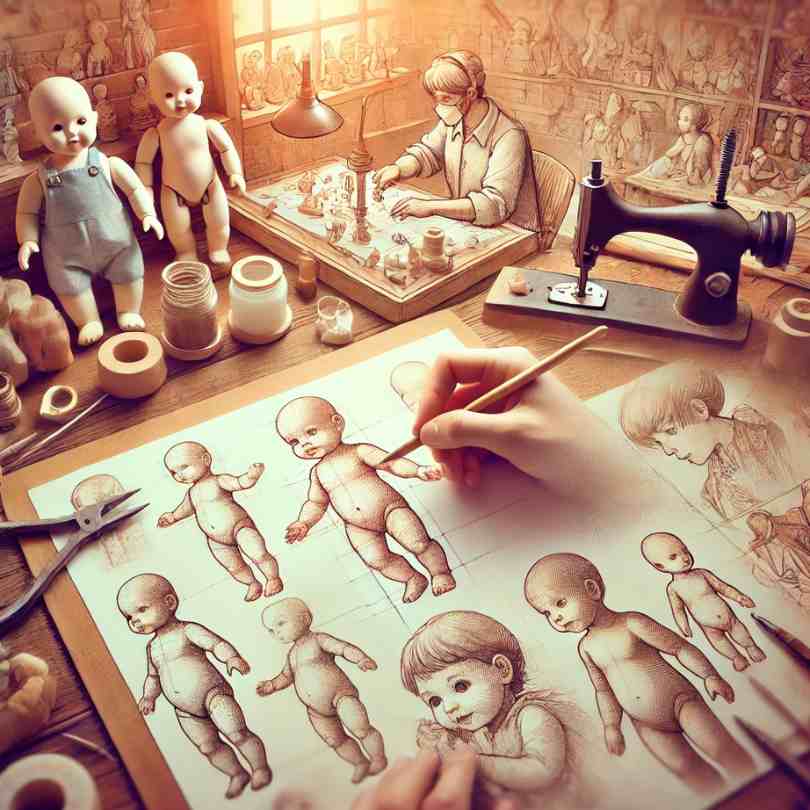 Etapa de creación de los muñecos, desde dibujar la idea hasta rotar las piezas en plástico.